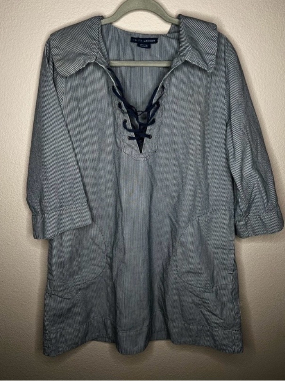 Ralph Lauren Navy and White 100 % Cotton Striped Lace-Up Tunic Women’s L